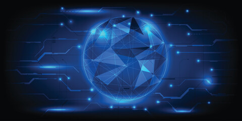 Vector illustrations of hologram hi tech globe floating on futuristic digital circuit line and glowing dots.Future tech and digital tech design concepts.