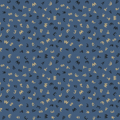 Various foreign currencies signs seamless pattern background. Various currency symbols.