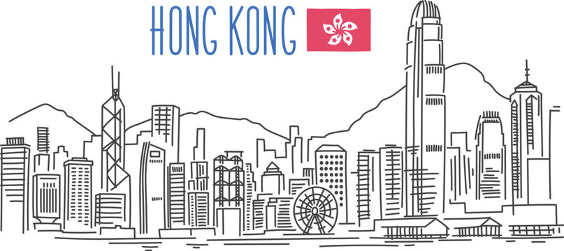 Hong Kong Skyline vector drawing. Illustration isolated on white background. Outline stroke is not expanded, stroke weight is editable