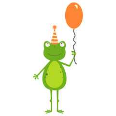 Holiday green frog with balloon and birthday cone. Happy Birthday. Greeting card with a frog