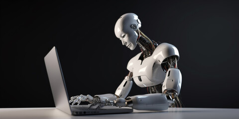 Artificial Intelligence Robot chatting in gpt chat on notebook. Copy Space