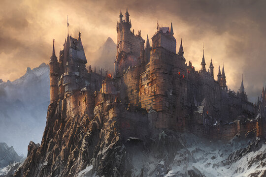 A medieval fortified castle strategically build into the mountains to act as a fortress against enemy invasion and defend the land from being conquered. A fort stronghold at dusk. Generative ai art.
