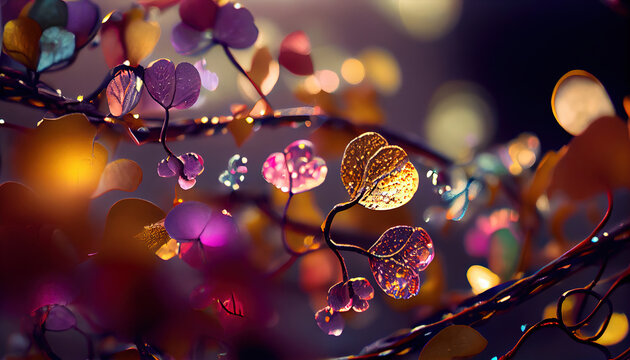 Magical Floral Construction Glowing Blossoms Macro Photography Bokeh Background AI Generative