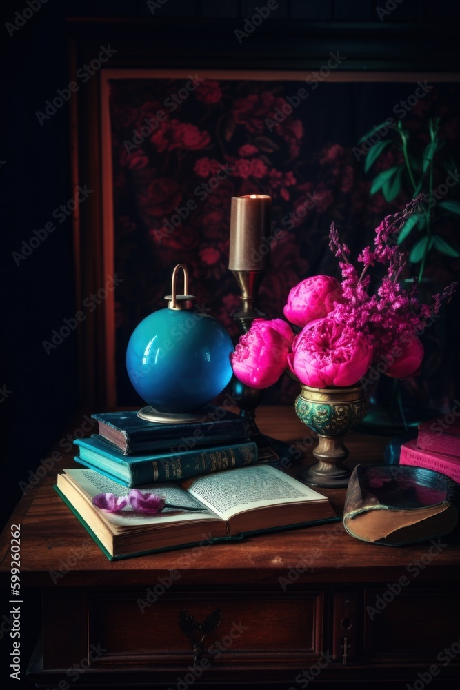 Poster a wooden table topped with books and a lamp. ai generative image. generative ai