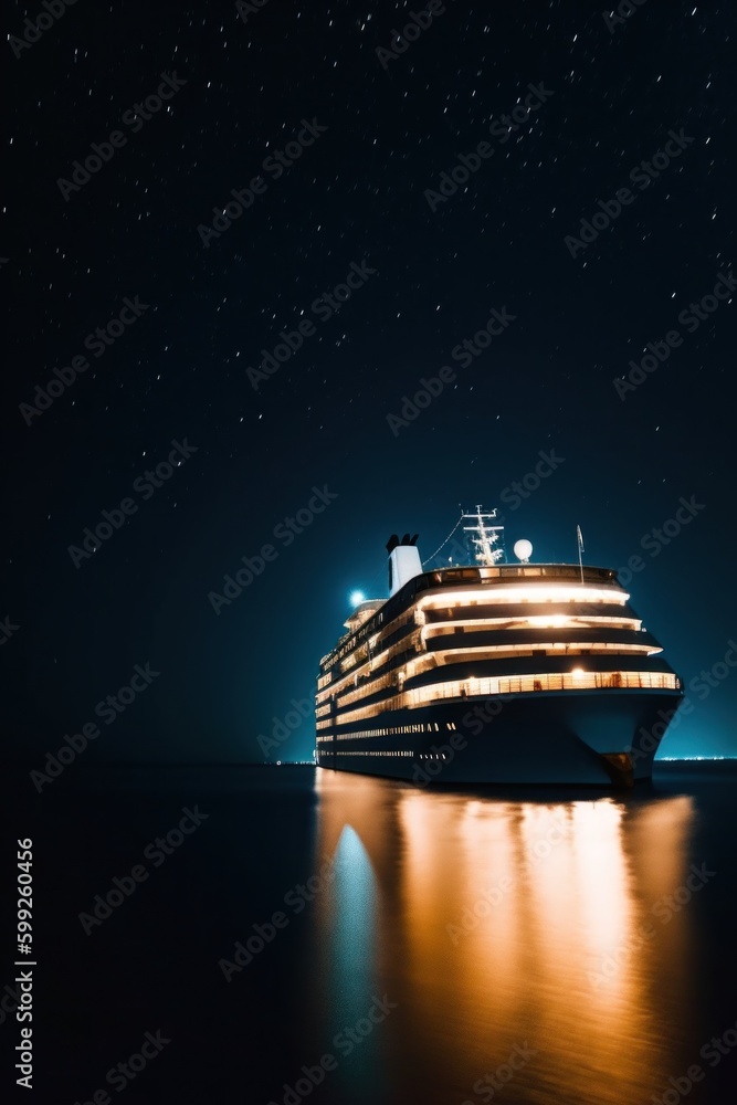 Poster a cruise ship in the middle of the ocean at night. ai generative image. generative ai