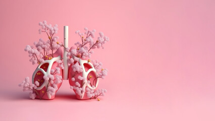 Lung organs with blooming flowers isolated, health and disease concept, AI Generated banner in 3d style - obrazy, fototapety, plakaty