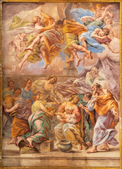 NAPLES, ITALY - APRIL 20, 2023: The fresco of  Nativity of Virgin Mary in church Basilica di Santa...