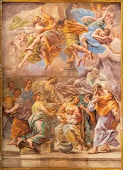 Fotobehang NAPLES, ITALY - APRIL 20, 2023: The fresco of  Nativity of Virgin Mary in church Basilica di Santa Maria degli Angeli a Pizzofalcone by  Giovan Battista Beinaschi (1668-1675). © Renáta Sedmáková