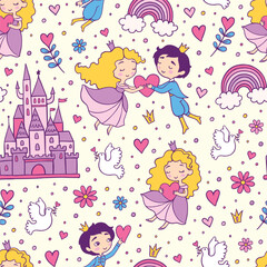 Romantic prince and princess abstract seamless pattern