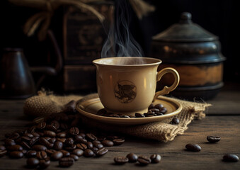 Cup of coffee and roasted coffee beans on the table in old, rustic kitchen. Ai Generative image