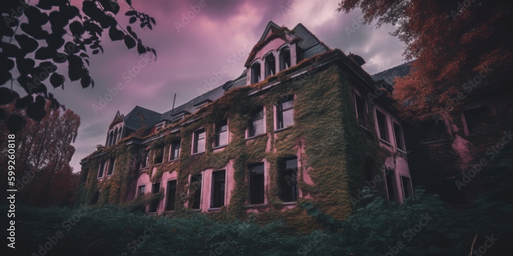 Poster an old building with ivy growing on the side of it. ai generative image. generative ai