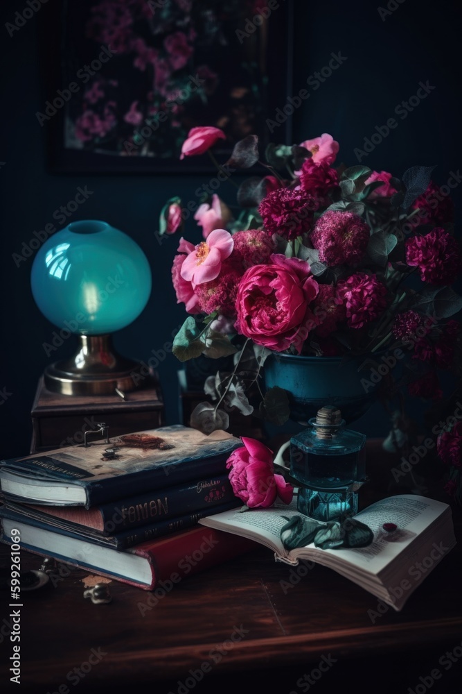 Poster a vase of flowers sitting on top of a table. ai generative image. generative ai