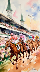 Churchill Downs Horse Race Watercolor Art - Louisville Derby and Oaks - Invitation