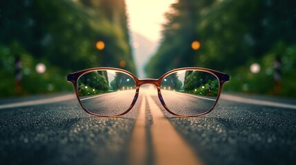 optical eyevision concept, frame of eyeglasses show focused image on the blurred background, generative AI