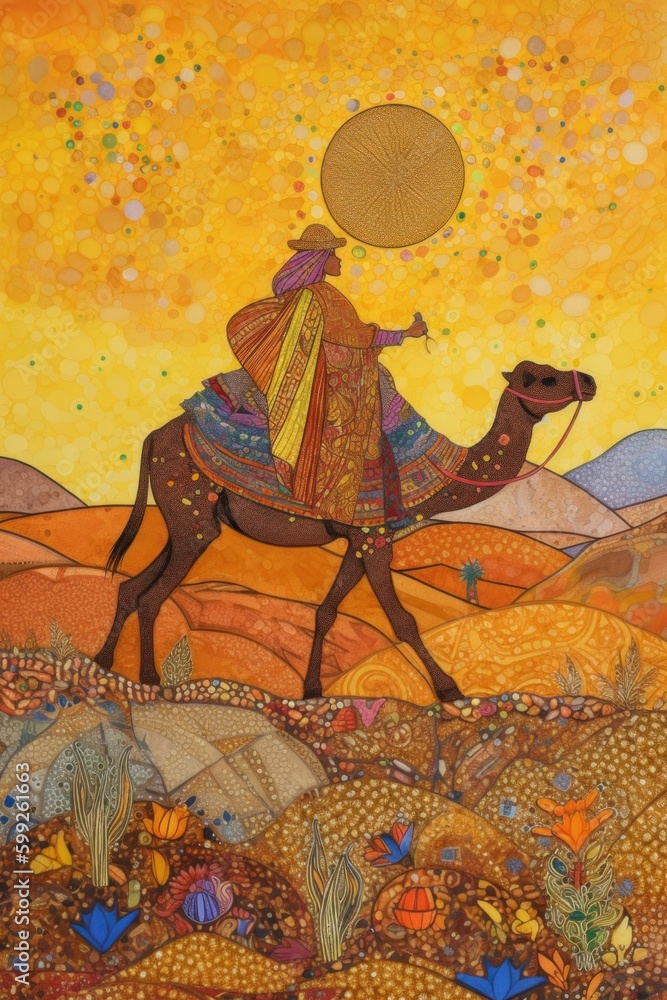 Poster a painting of a man riding a camel. ai generative image. generative ai