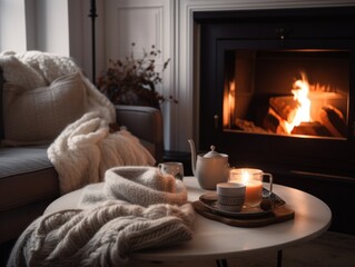 A cozy living room with a fireplace and a coffee table. AI generative image. Generative AI