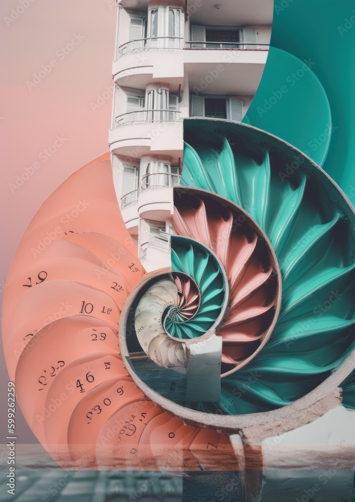 Poster a spiral shaped building with a clock on top of it. ai generative image. generative ai
