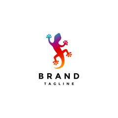 Colorful Lizards Crawling Up Logo Design. Colored Silhouette Of Gecko Walking On The Wall.