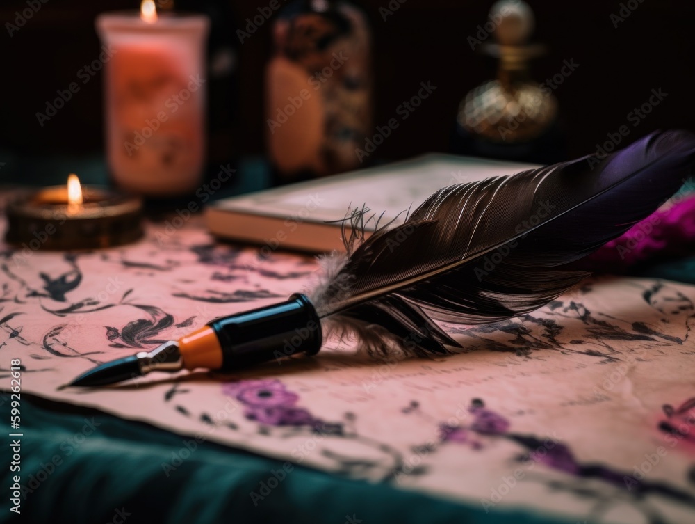 Poster a feather quill and a pen on a table. ai generative image. generative ai