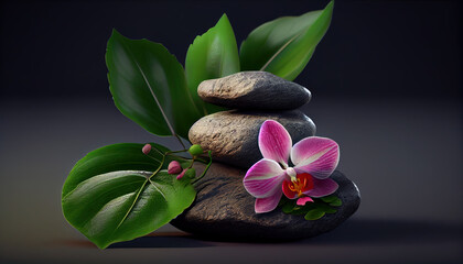 Obraz na płótnie Canvas Tree Small Rocks Stacked a Pink Orchid and a Green Leaf on Top AI Generative