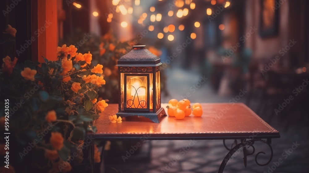 Poster a lantern displayed on a table beside some floral arrangements generative ai