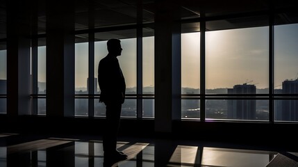 Fototapeta na wymiar Businessman in a building looking through a window, silhouette. Business and finance concept. IA Generated