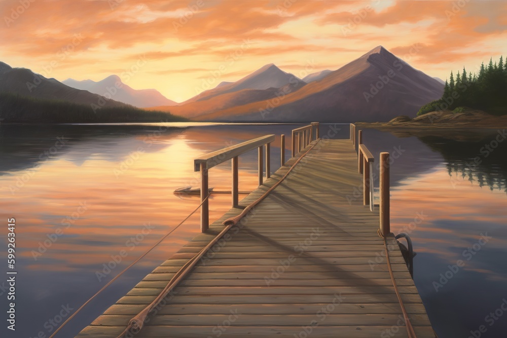 Poster an example of a pier with some mountains in the distance generative ai