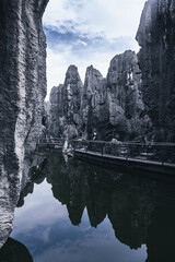 Beautiful Landscape of China Stone forest in Kunming, Yunnan province. Tall black limestone rocks...