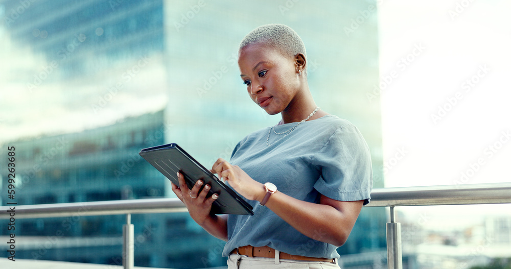 Wall mural Black woman, business and tablet portrait in city for online communication, networking or trading. Entrepreneur person with urban buildings and 5g network connection for writing email on mobile app