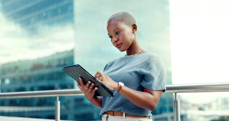 Black woman, business and tablet portrait in city for online communication, networking or trading....