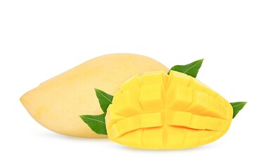 Ripe Mango with green leaf isolated on white background. Clipping path.