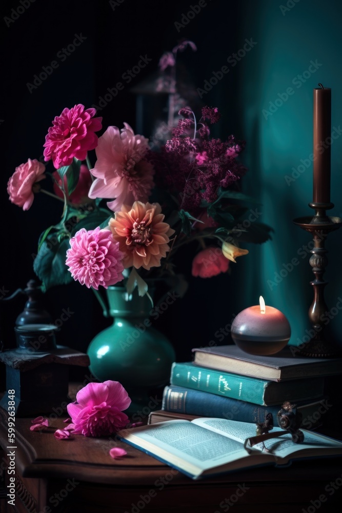 Poster a vase of flowers sitting on top of a table. ai generative image. generative ai