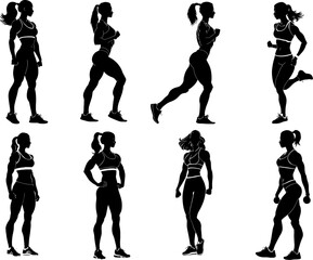 Silhouettes of fitness girl, vector set 1