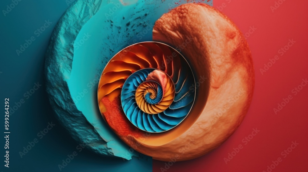 Poster a spiral shaped object on a red and blue background. ai generative image. generative ai