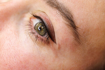 Fototapeta na wymiar Eye after makeup procedure. Permanent make-up of the eyelids, eyelash tattooing.