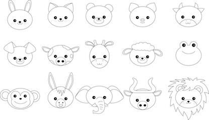 set of 15 cute animal head, Collection of 15 cartoon animal heads outline. 
