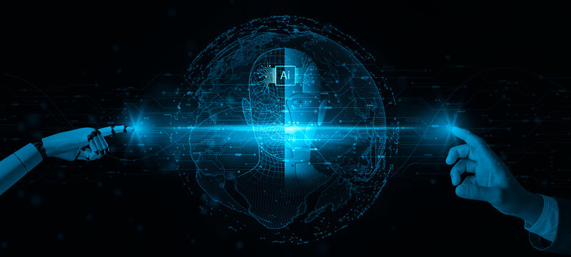 Machine learning, Hands of robots and humans touching on extensive data network connection background, Science innovation, and future digital technology, artificial intelligence AI, chatbot