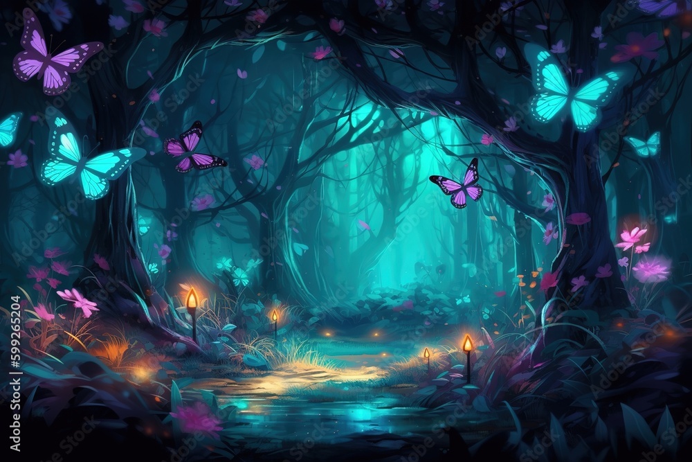 Poster a woodland that was full with butterflies and had many of them fluttering over it. generative ai