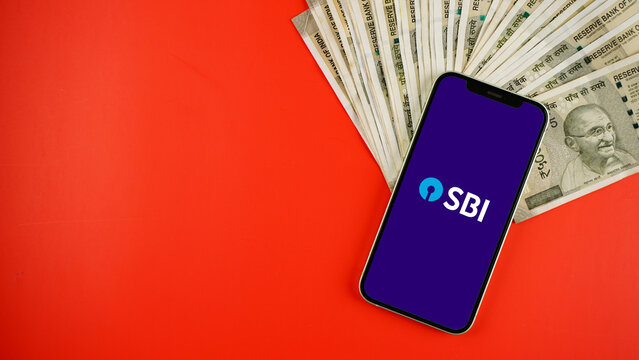SBI or State Bank of India on mobile phone screen, isolated background: Kolkata, India - May 03 2023