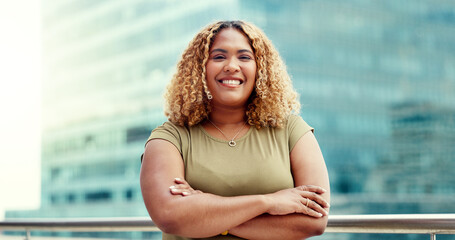 Black woman, business and city portrait while happy with arms crossed outdoor with vision and...