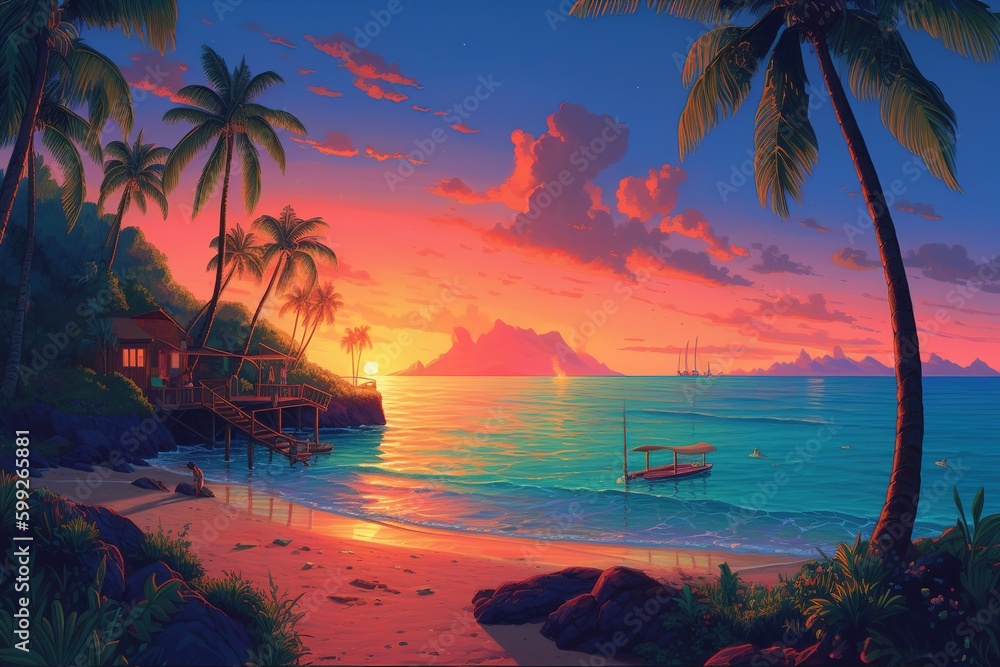 Poster a picture depicting the sun setting over a beach in a tropical setting generative ai