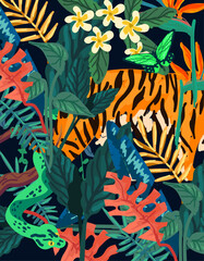 Fototapeta na wymiar Exotic Trpical Collage Brush Pattern Background