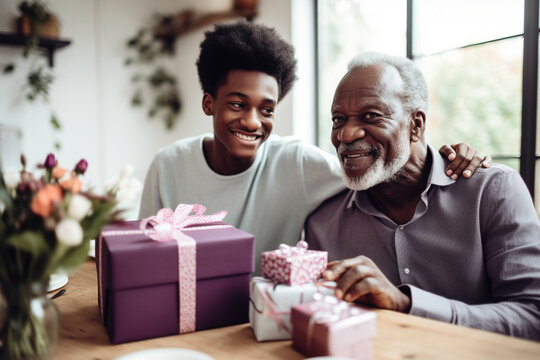 Son and his elderly dad holding christmas gift. Generative ai