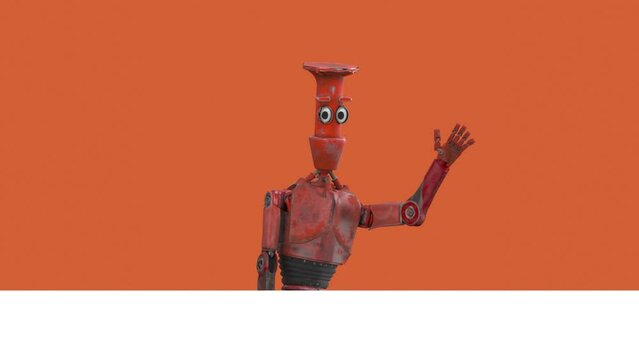 Robot Cartoon funny 3D video render - wave your hand to greet, isolate on orange
