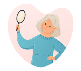 Smiling old gray haired woman looking into a hand held round mirror. Self love concept. Vector cartoon isolated illustration of a retired woman in flat style.