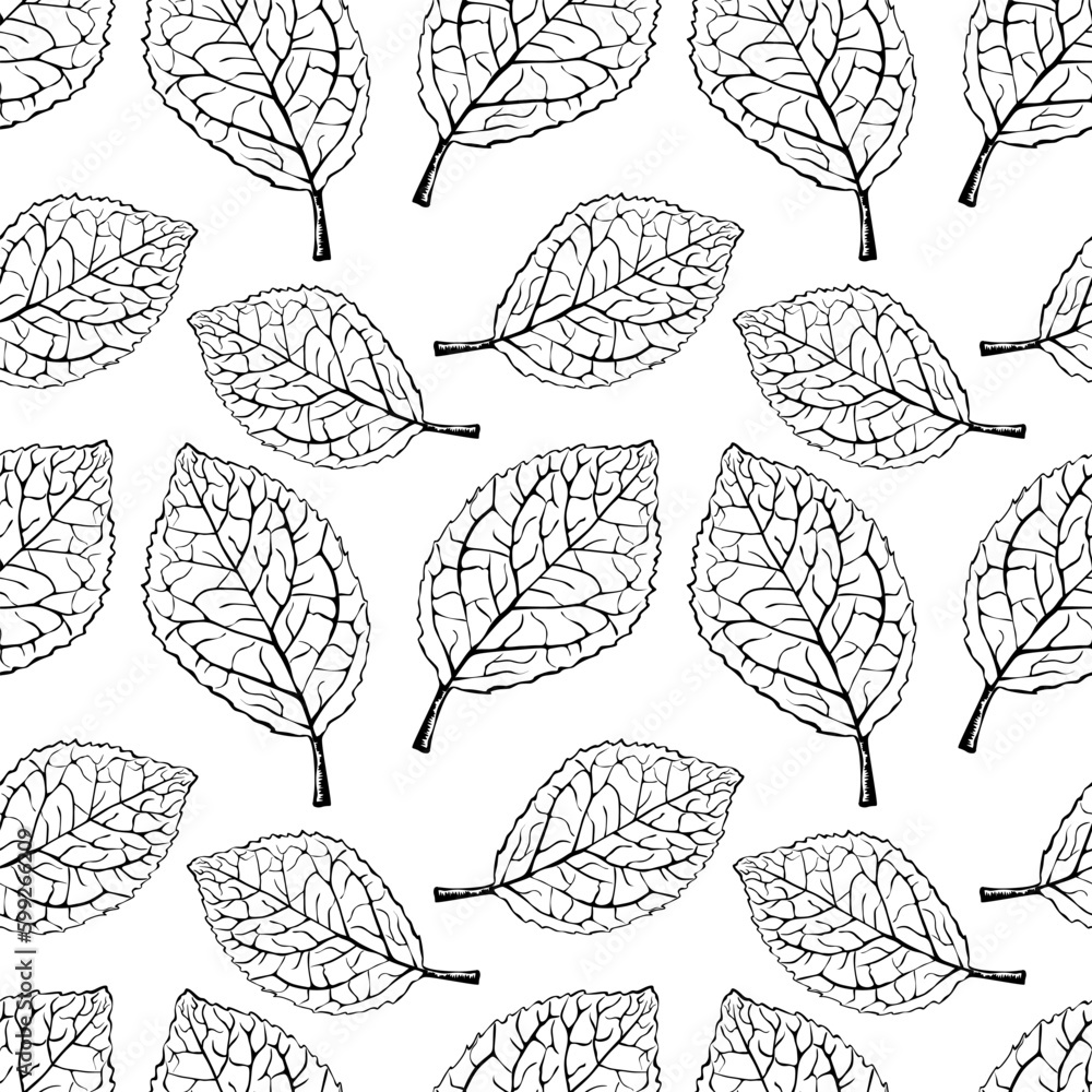 Poster hand drawing detailed leaf seamless pattern. vector printed silhouette of leaf texture on white back