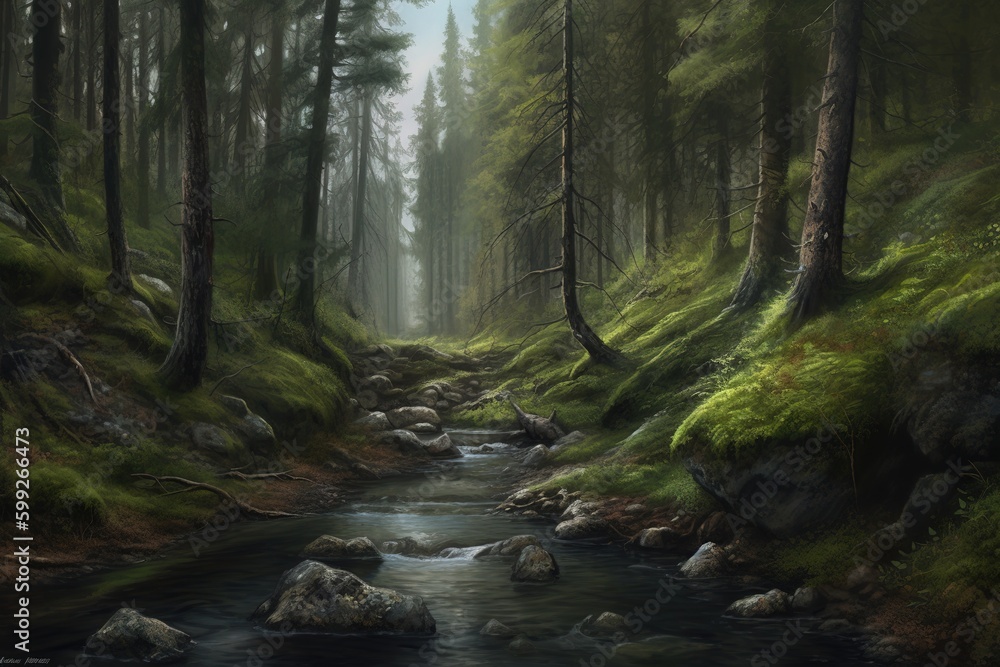Poster an image depicting a creek cutting through the middle of a forest generative ai