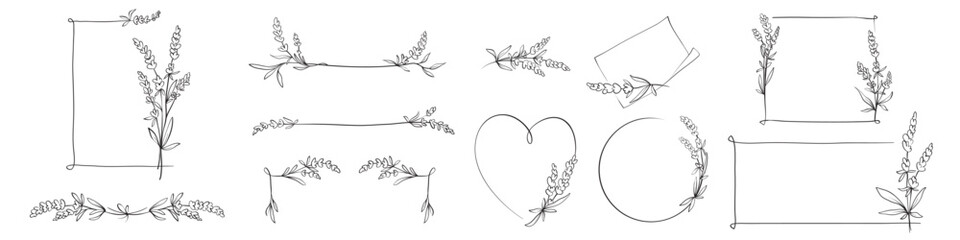 Frames from lavender flowers. Sketch in lines, freehand drawing. Vector illustration, summer flowers borders.