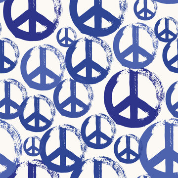 Peace and love symbol in blue brushstroke paint seamless pattern design illustration
