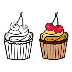 Cupcake With Cherry. Cupcake For Coloring. Vector illustration of Delicious Pastries
